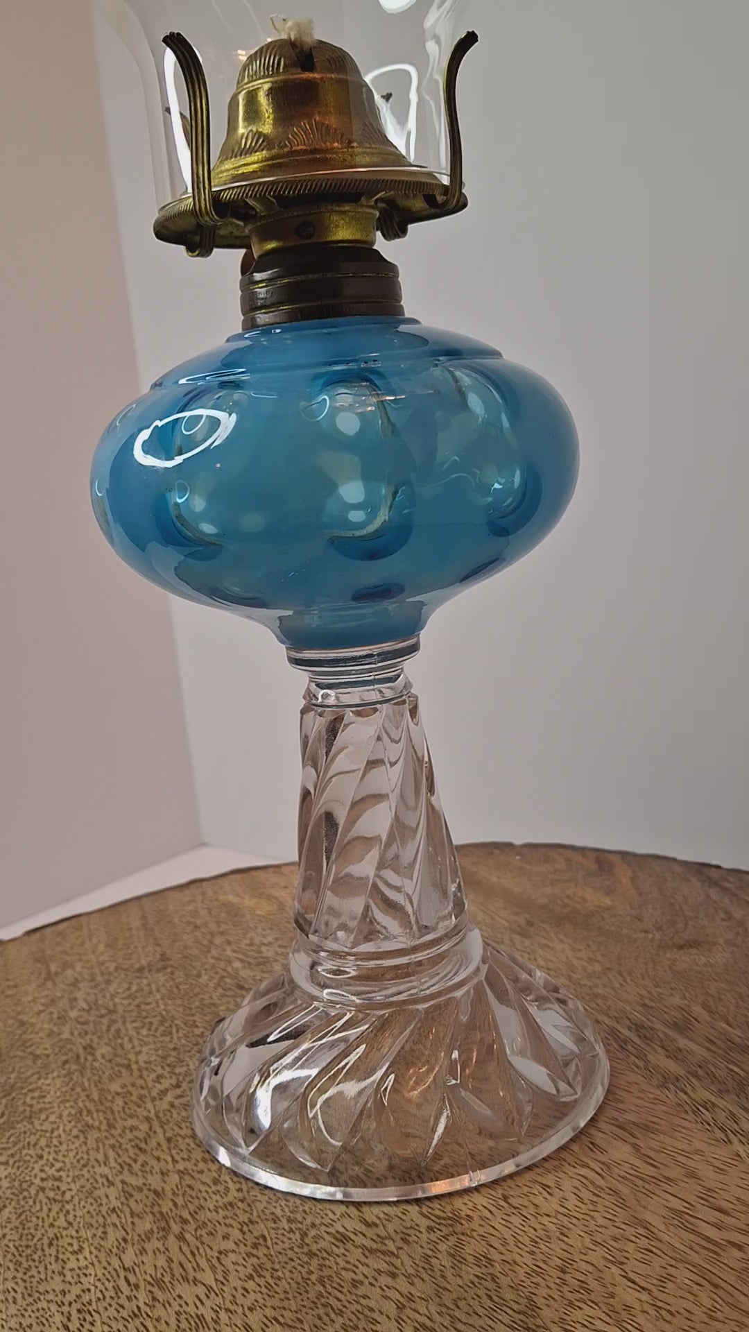 Antique Blue Opalescent Coin Dot Kerosene Oil Lamp Manhattan Brass Co. 1883 Burner