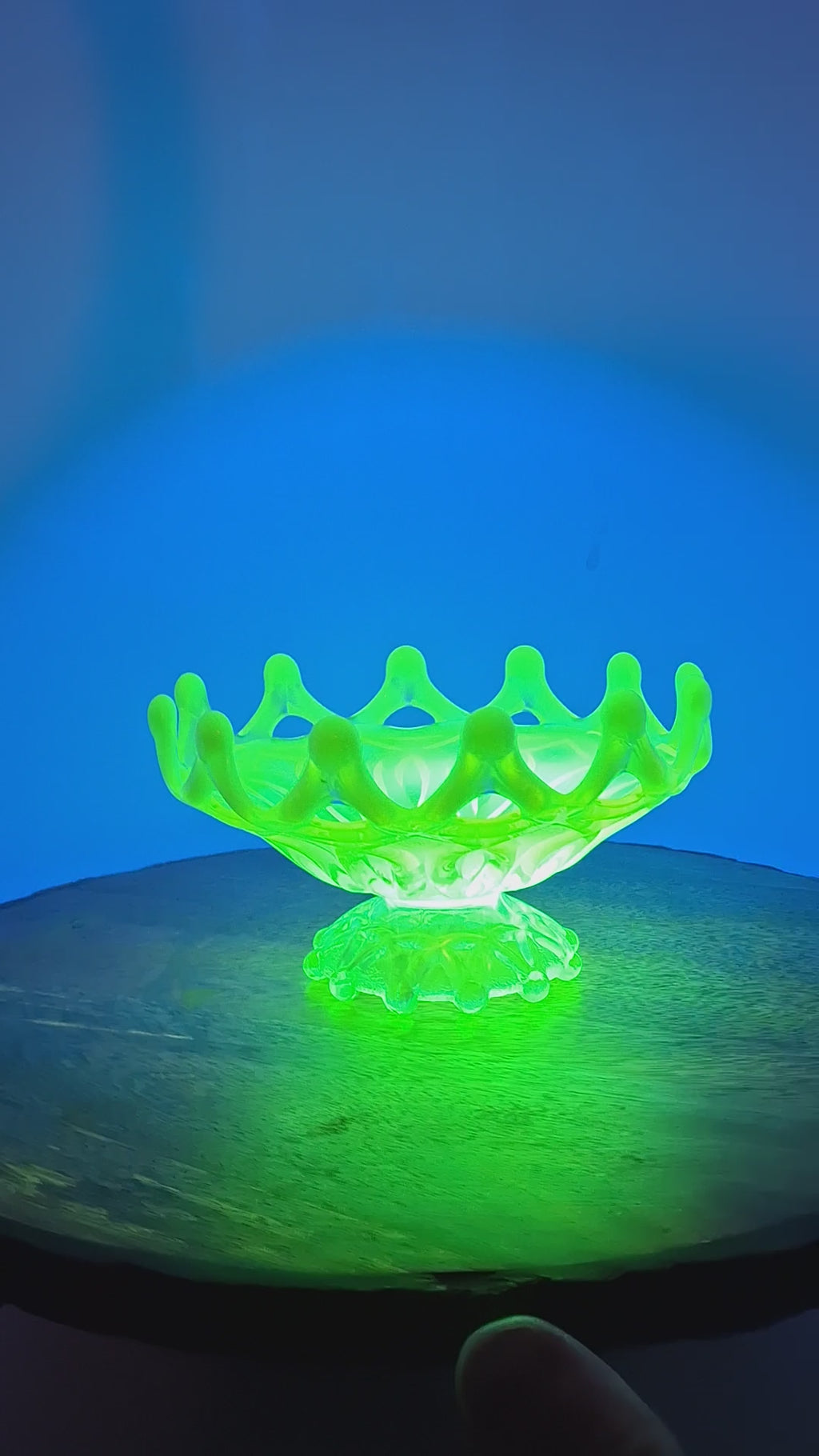 Antique Dugan Green Uranium Opalescent Glass Open O's Bowl