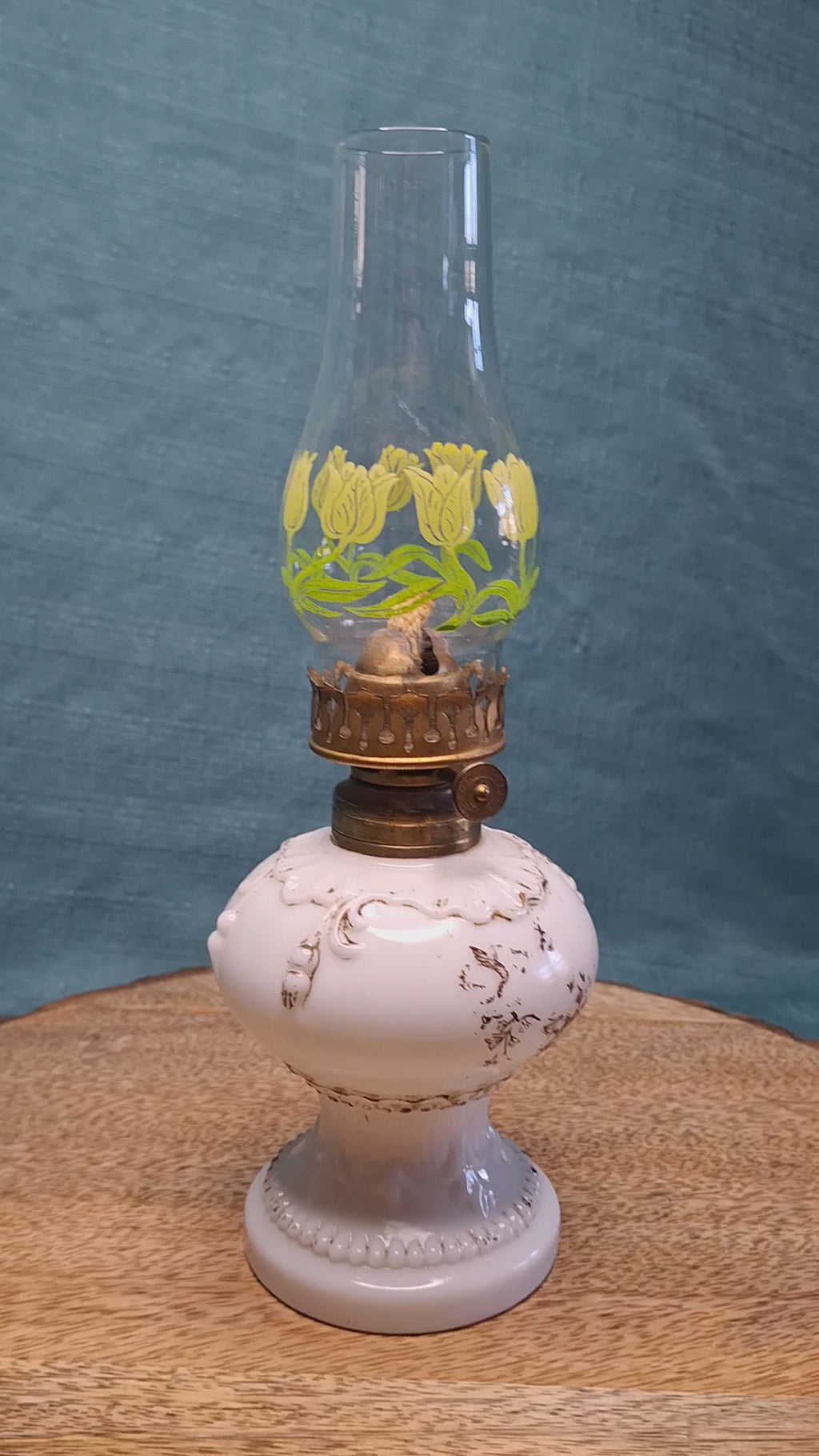 1900s Little Wizard Burner Miniature Milk Glass Oil Lamp Floral Painted Chimney
