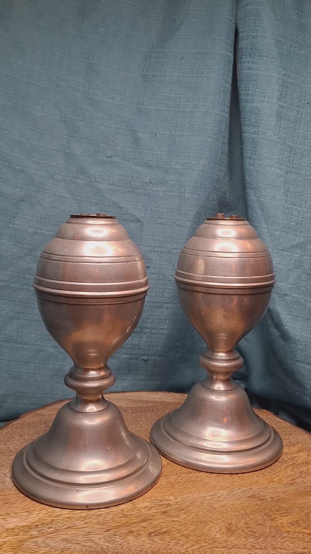 Pair of Antique Pewter Whale Oil Lamps w/ Double Wick Burners - Circa Mid-19th c