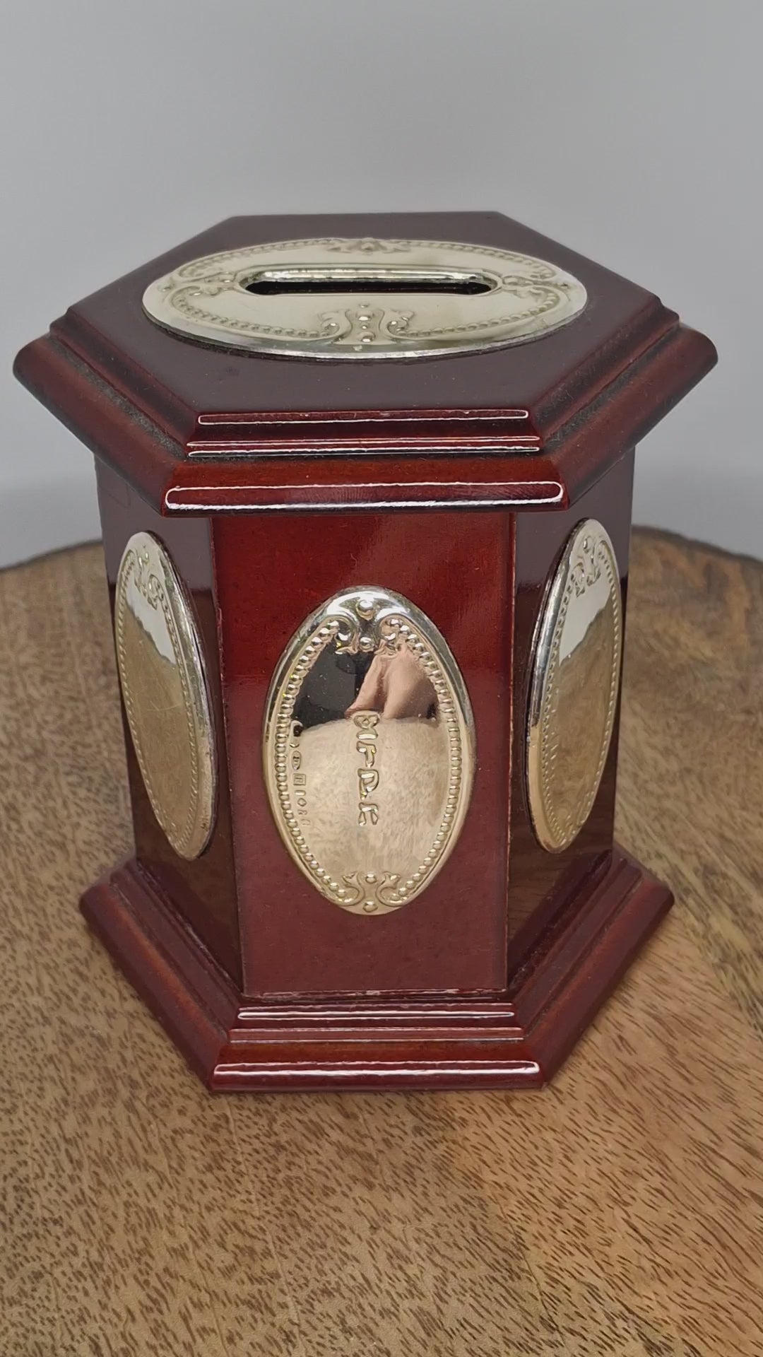 Modern Israeli Sterling Silver (925) & Mahogany Hexagonal Tzedakah Box - Engraved Plaques, Plastic Coin Stopper Judaica