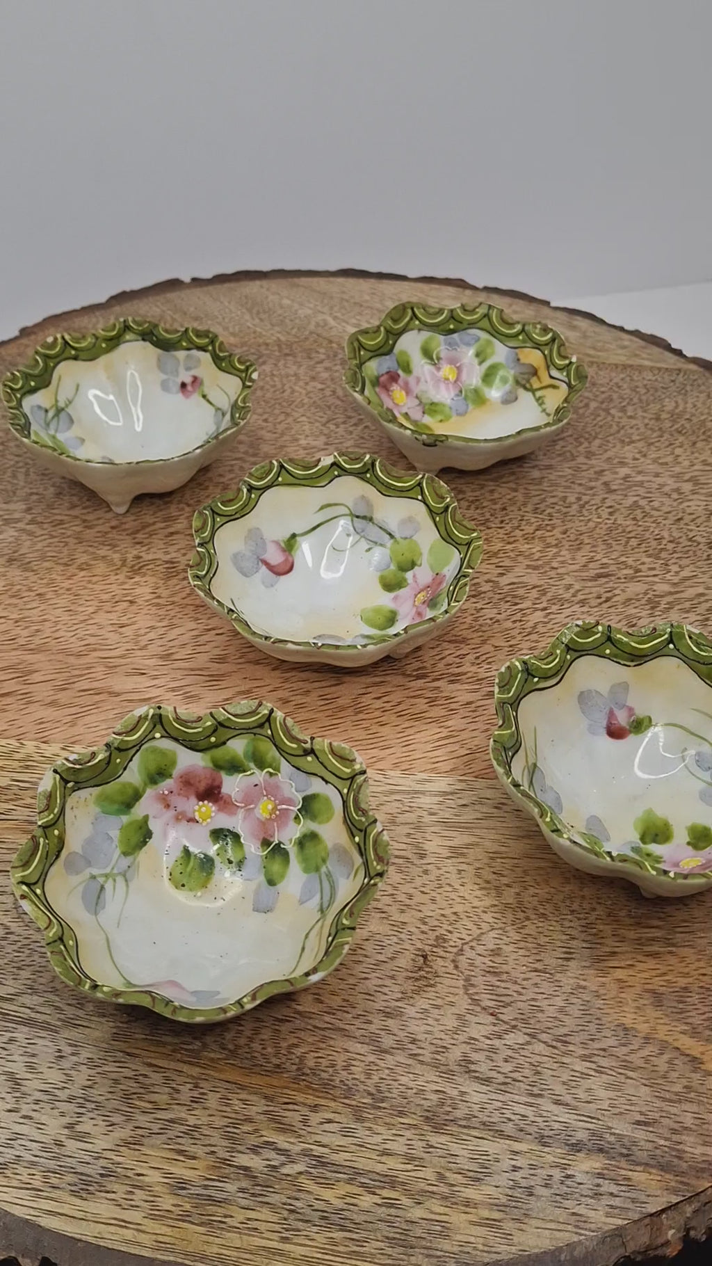 Antique Porcelain Hand-Painted Nippon Scalloped Footed Bowls (5) Floral Decor