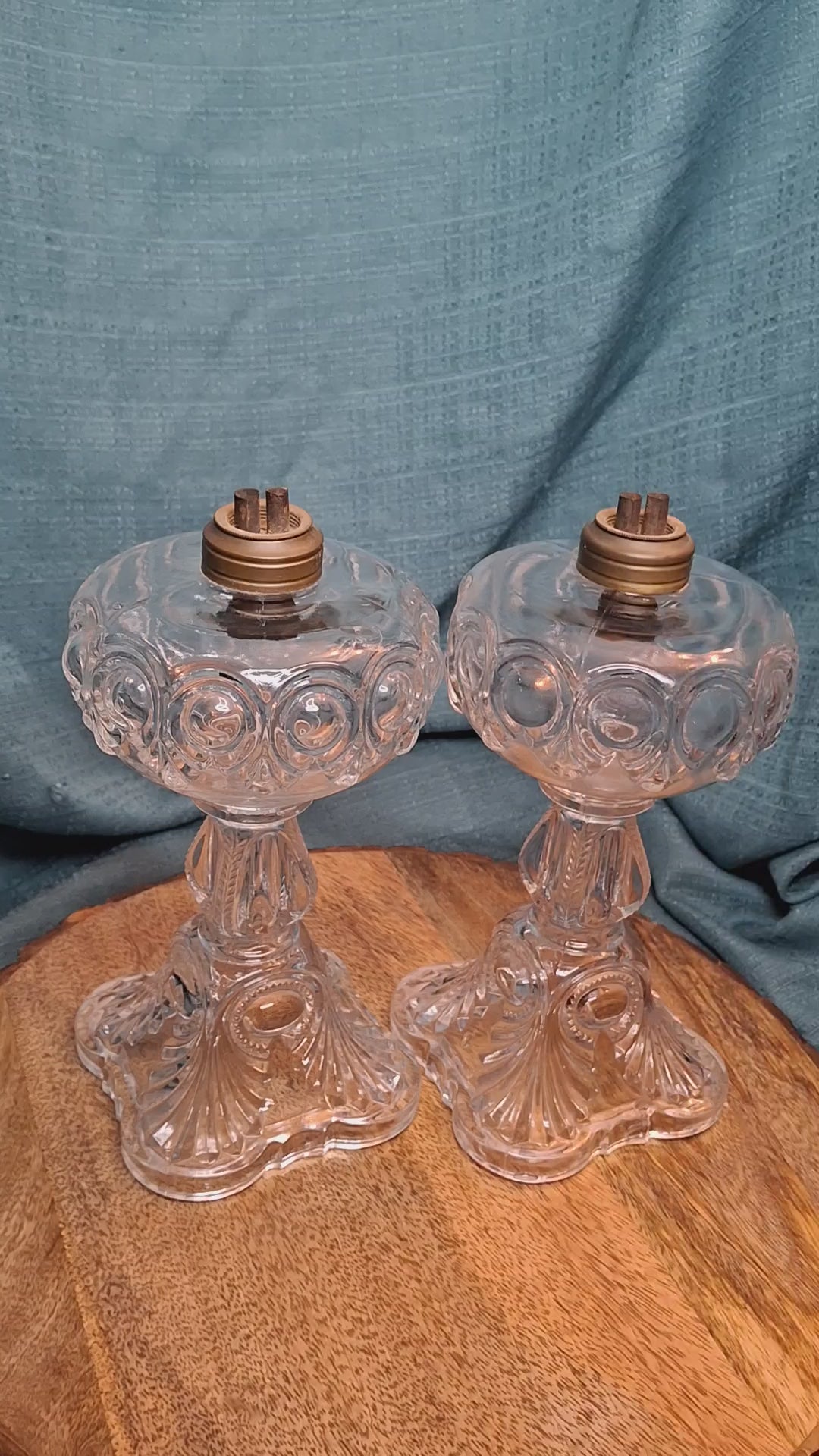 Antique 1850s Pressed Glass Whale Oil Lamps Pair – Bullseye & Loop Pattern