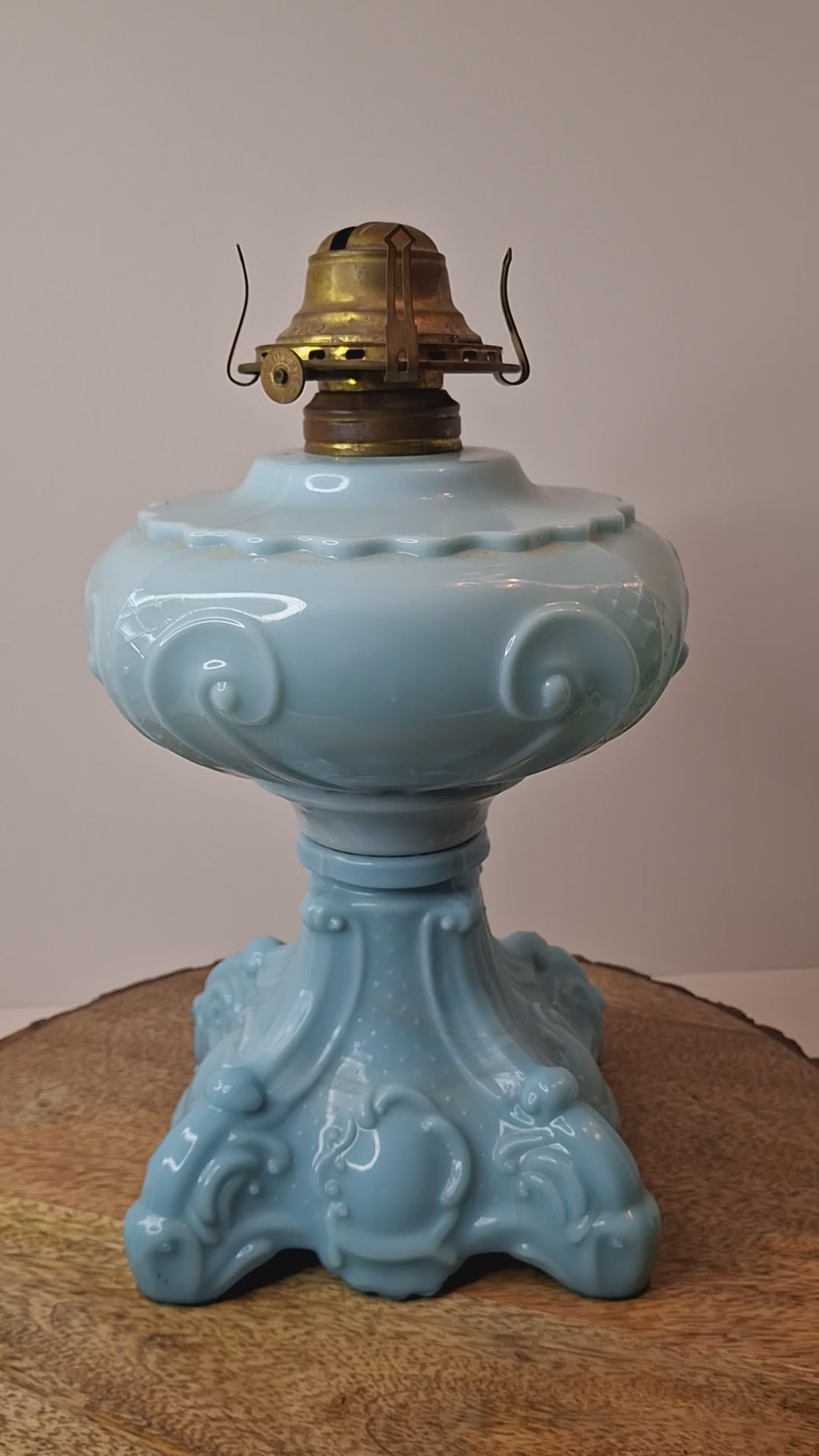 Antique Opaque Blue Glass Kerosene Lamp Princess Feather Pattern Scovill No 2