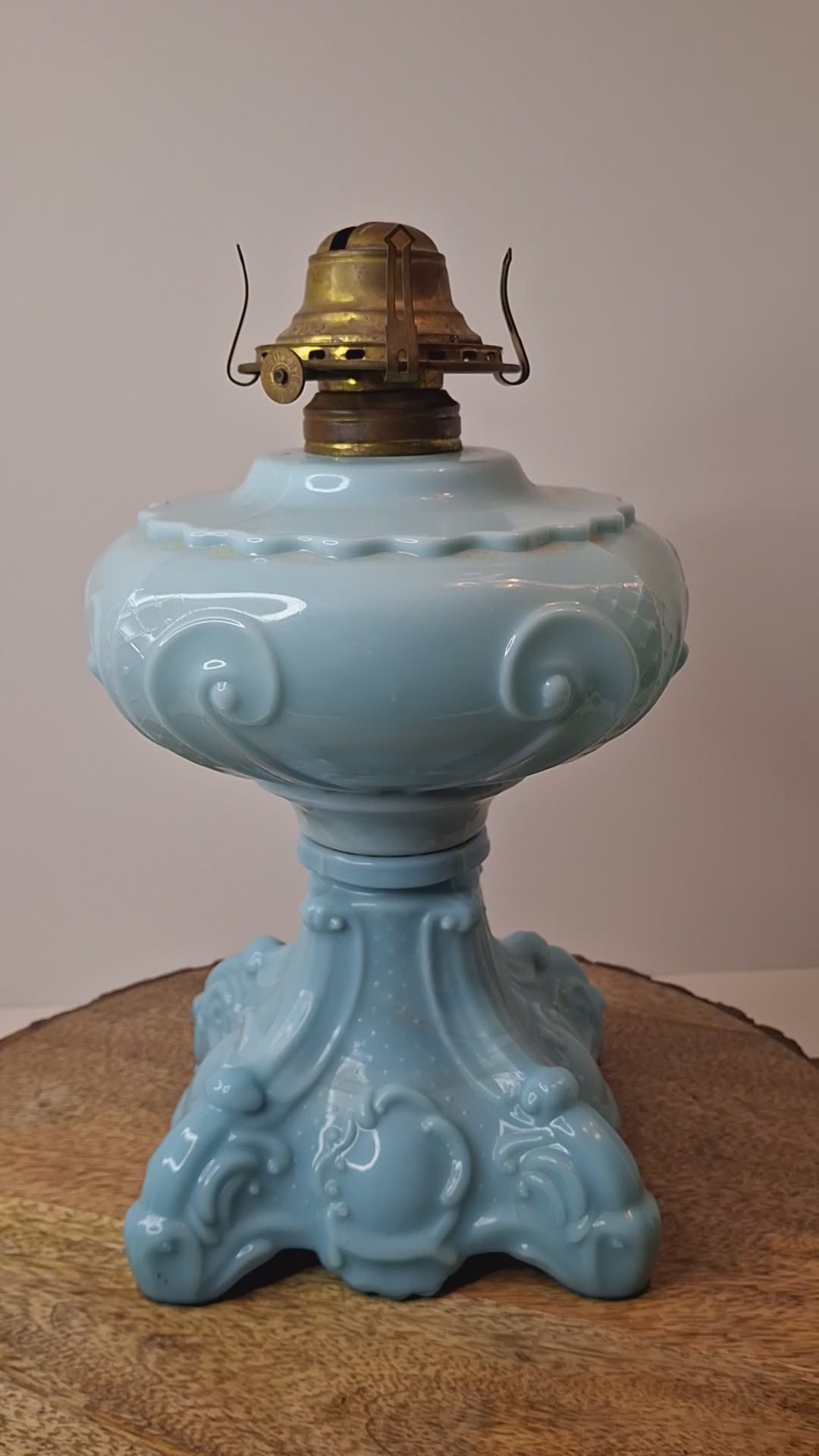 Antique Opaque Blue Glass Kerosene Lamp Princess Feather Pattern Scovill No 2