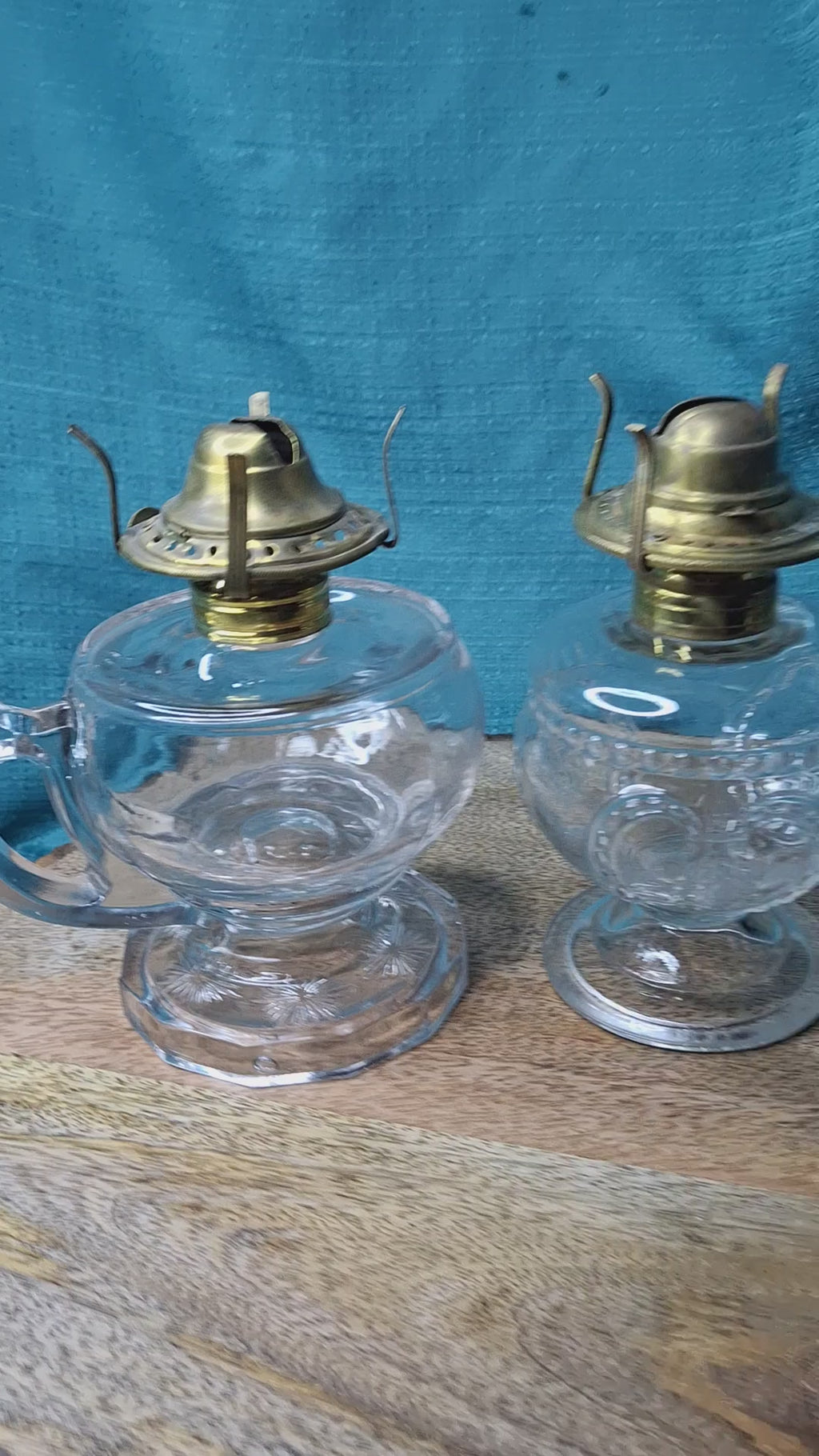 Pair Antique 19thC Kerosene Finger Lamps - Beaded Medallion & E. Miller Daisy Base - Period-Correct Brass Burners