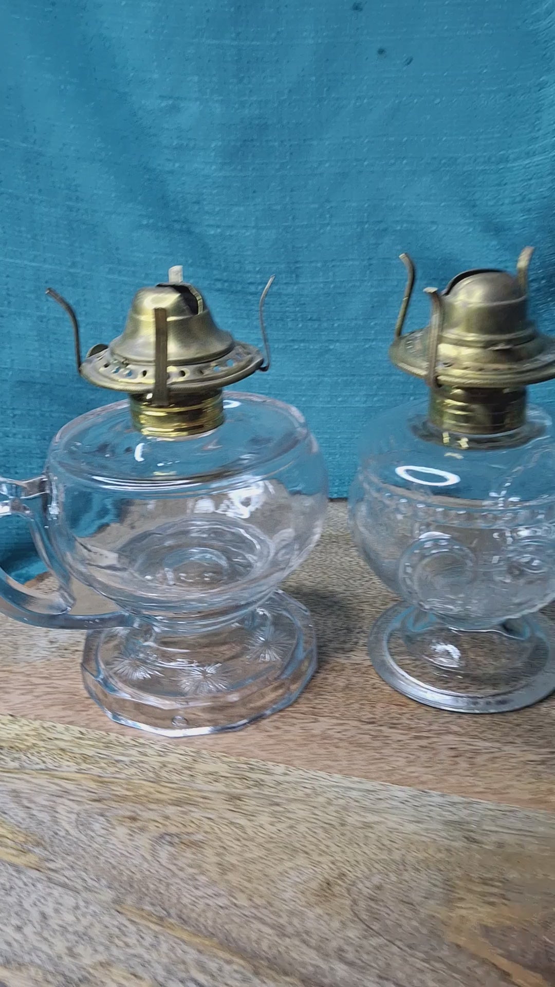 Pair Antique 19thC Kerosene Finger Lamps - Beaded Medallion & E. Miller Daisy Base - Period-Correct Brass Burners