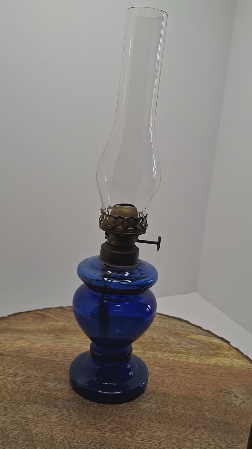 Vintage Antique Blue Kerosene Oil Lamp, Rare Sterling Wick Knob, Unique Glass Chimney Circa 1900