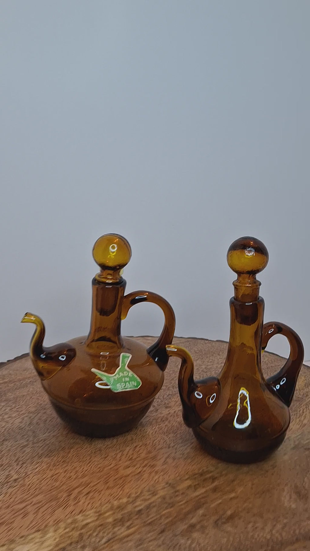Pair of Hand-Blown Amber Glass Cruets w/ Stoppers, Applied Handle/Spouts Spain