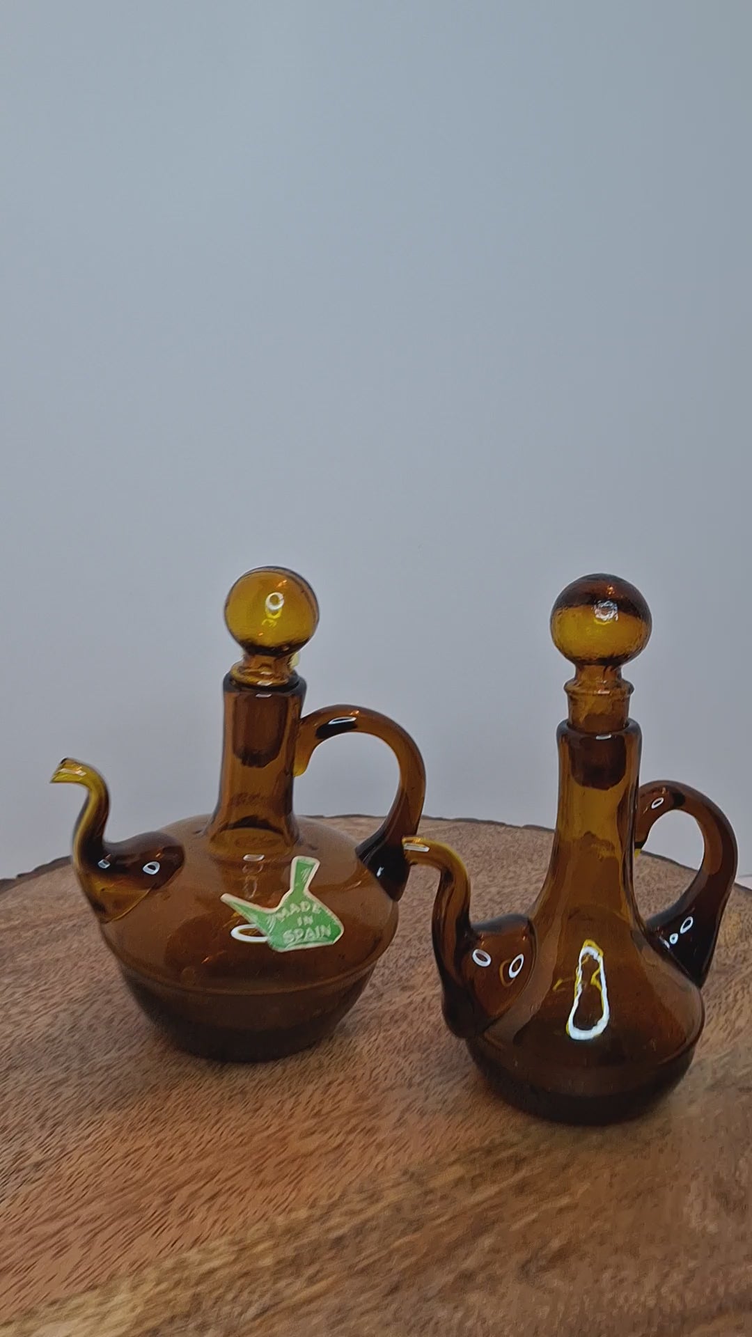 Pair of Hand-Blown Amber Glass Cruets w/ Stoppers, Applied Handle/Spouts Spain