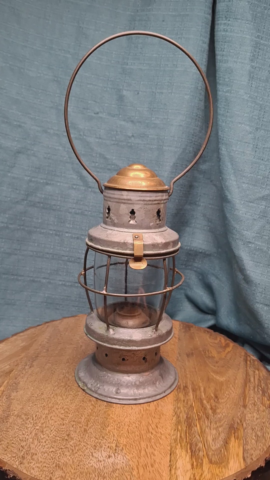 Antique Mid-19th C American Tin and Brass Whale Oil Lantern Double Tube Burner