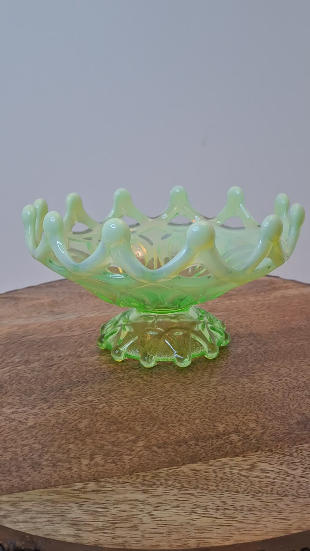 Antique Dugan Green Uranium Opalescent Glass Open O's Bowl