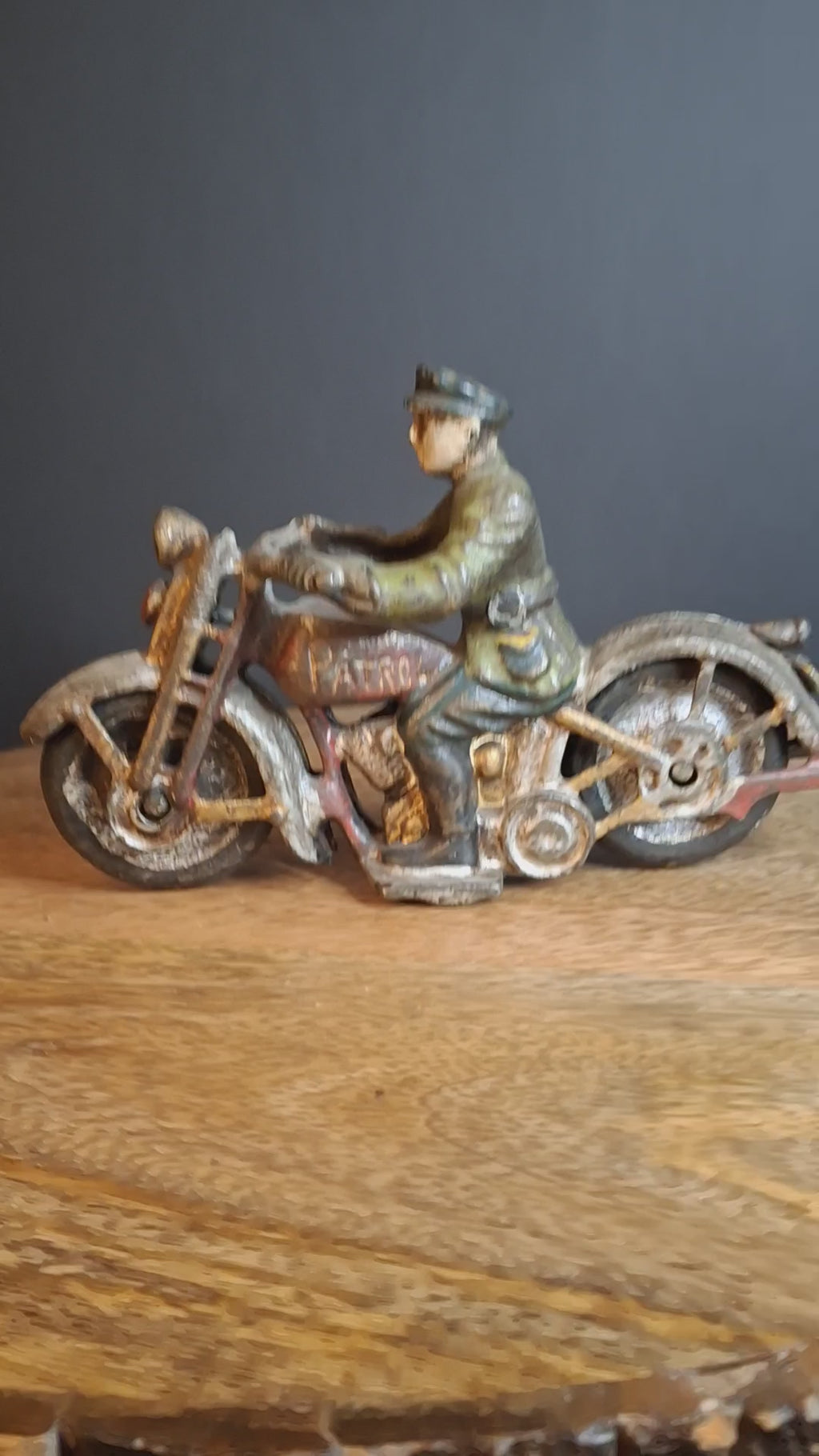 Antique 1930s Hubley Cast Iron Patrol Cop Police Motorcycle Toy | Green and Red Paint & Integral Officer Rider 6.25"