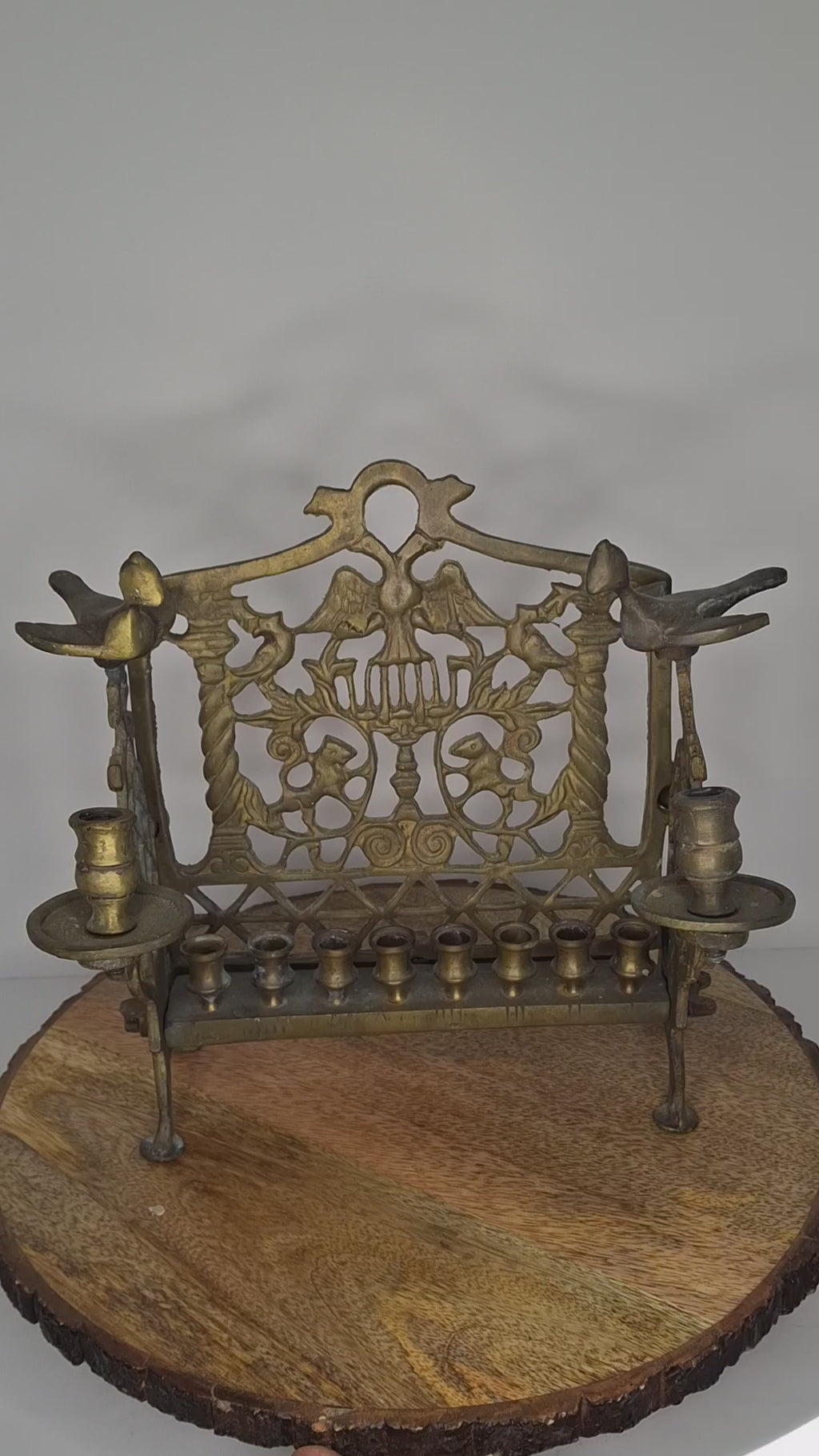 Vintage Eastern European Brass Bench-Style Hanukkah Menorah with Double-Headed Eagle, Lions, Birds, Columns, and Shabbat Candlesticks