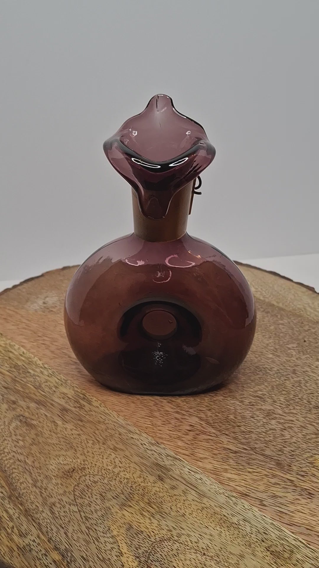 Mid-Century Italian Empoli Hand-Blown Amethyst Glass Decanter w/ Thumb Dimple Brass Collar