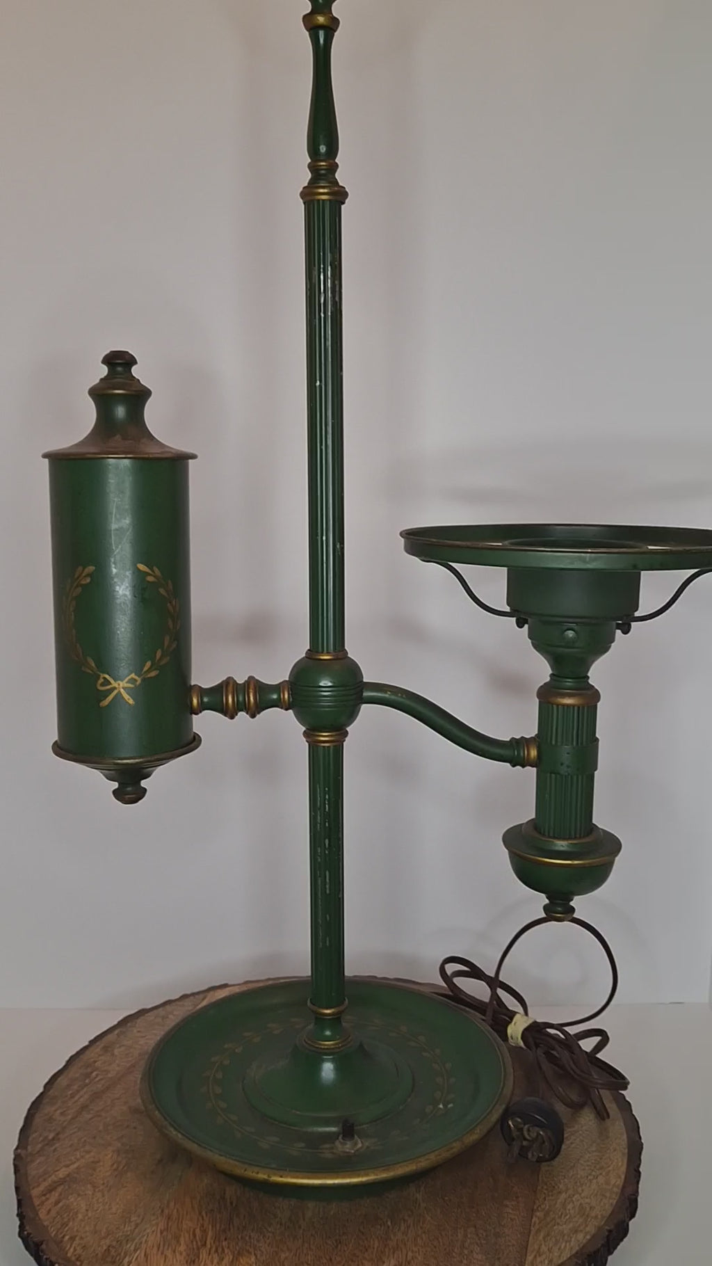 c. 1915 French Painted Tole Student Lamp Original Green & Gold, Fully Adjustable