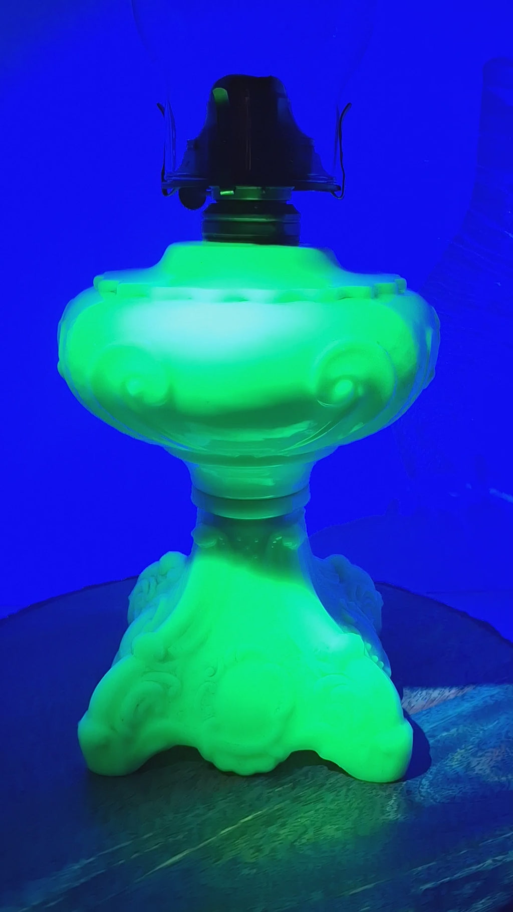 RARE Antique Princess Feather Opaque Green Uranium Glass Lamp - 10" Chrysoprase