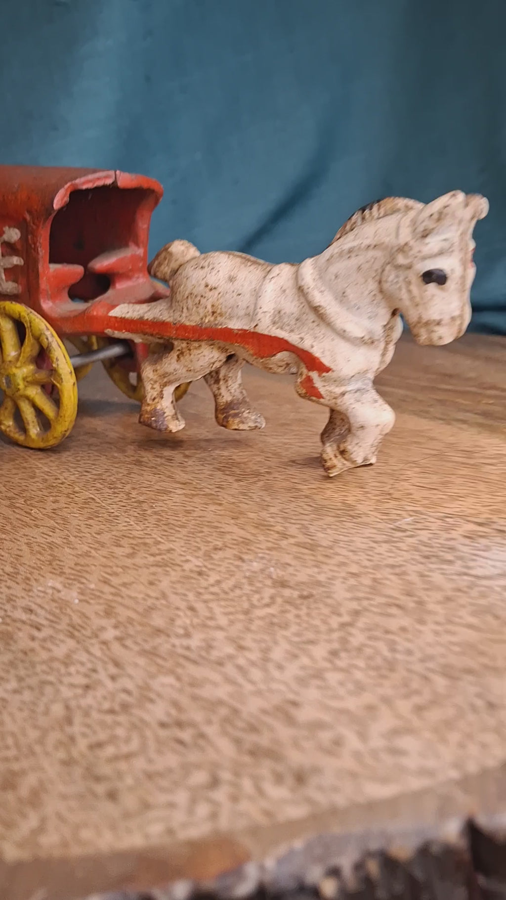 Antique Kenton Cast Iron Horse Drawn Ice Wagon Toy 7" - Red & Yellow Original Paint