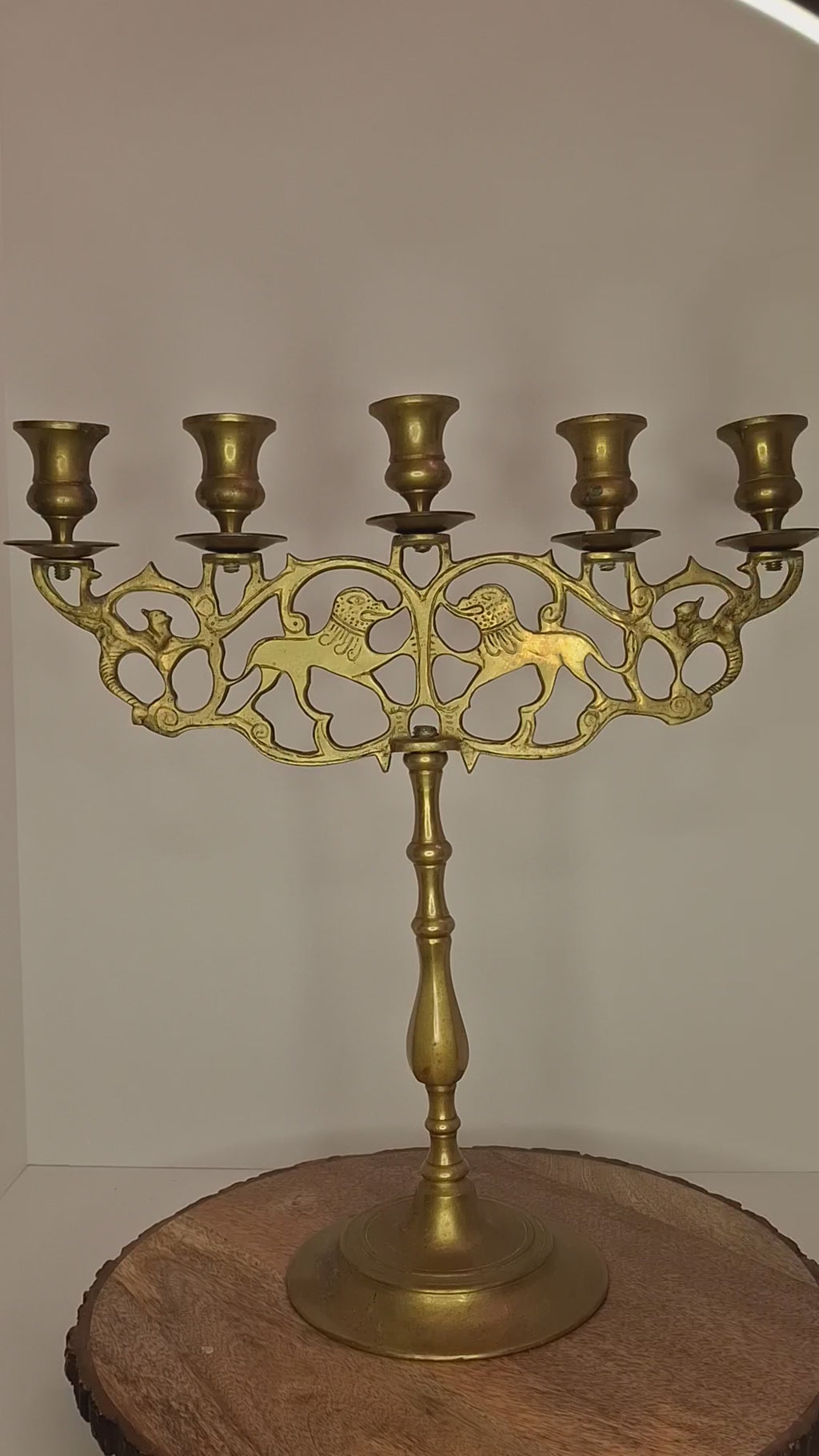 Antique 19th Century Eastern European Jewish Brass 5-Arm Sabbath Candelabrum with Mythical Bird Motifs & Original Dark Patina - Judaica