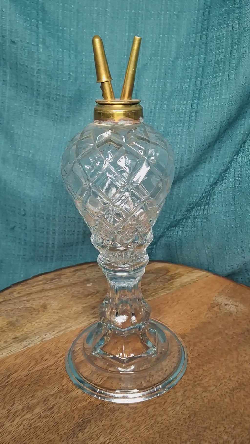 Antique Mid-19th Century Diamond-Cut Glass Oil Lamp with Double-Tube Burner, One Snuff Cap Missing, c. 1850s