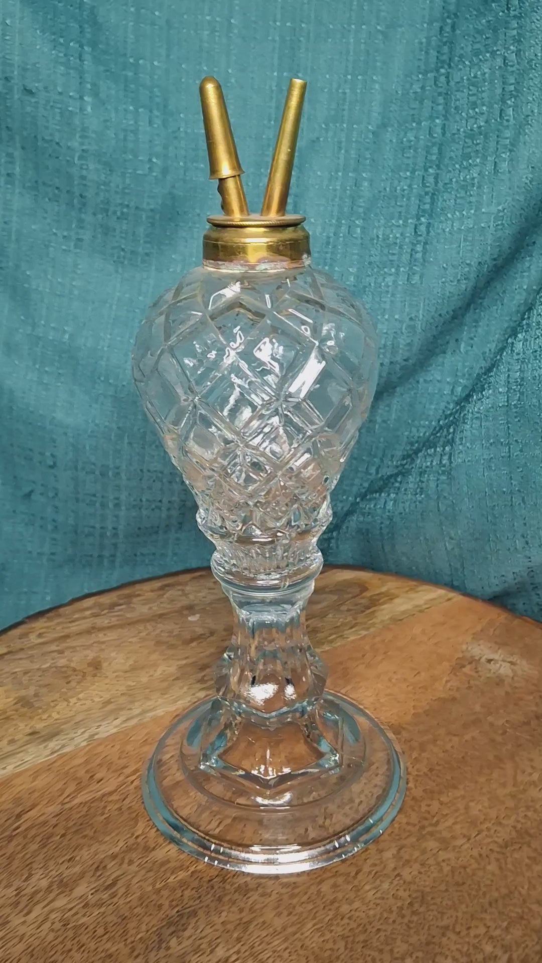 Antique Mid-19th Century Diamond-Cut Glass Oil Lamp with Double-Tube Burner, One Snuff Cap Missing, c. 1850s