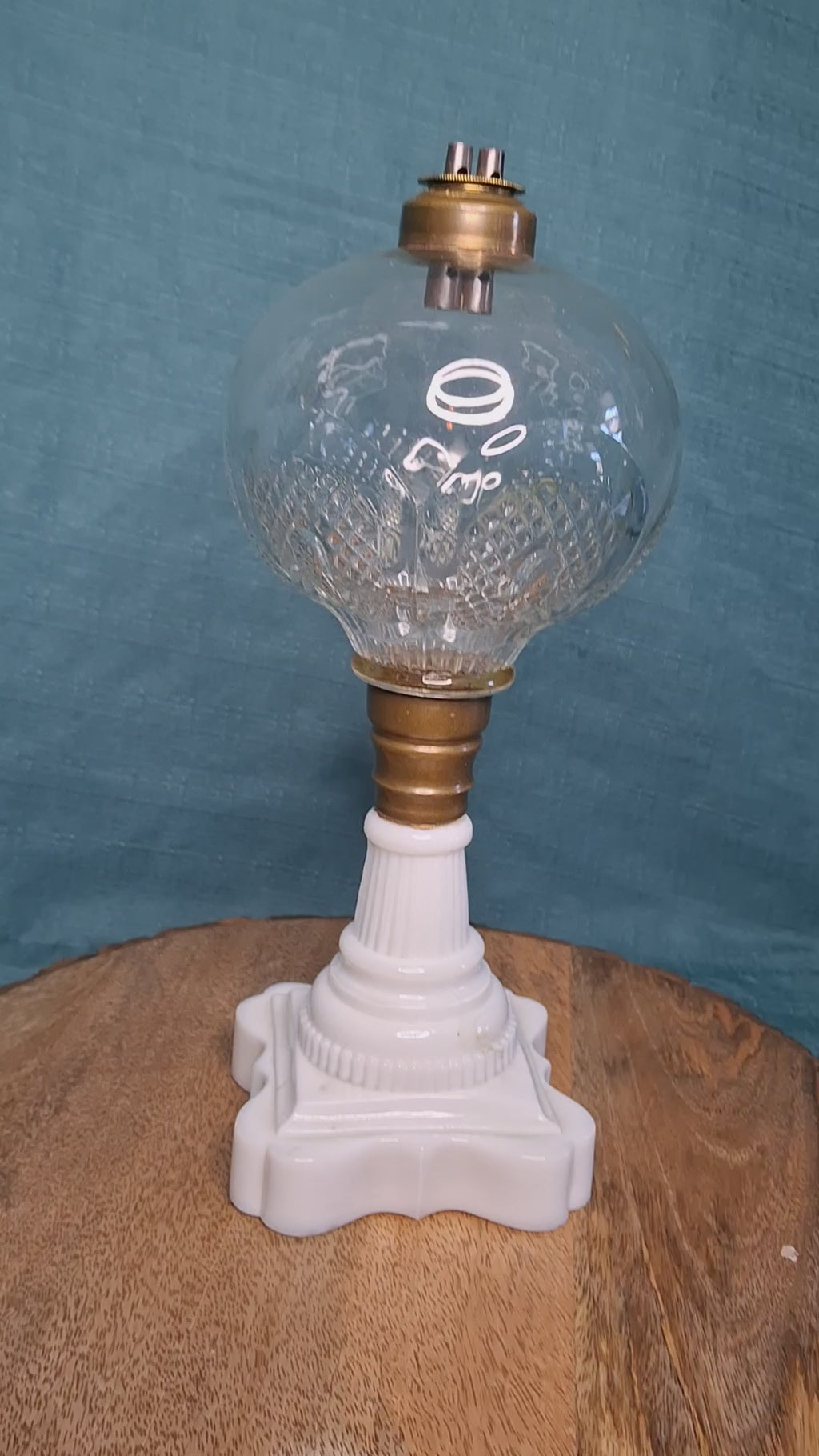 Antique Victorian Double-Burner Whale Oil Lamp - Cut Lead Crystal Glass Globe, Brass Fittings, Porcelain Neoclassical Base c.1850-1870