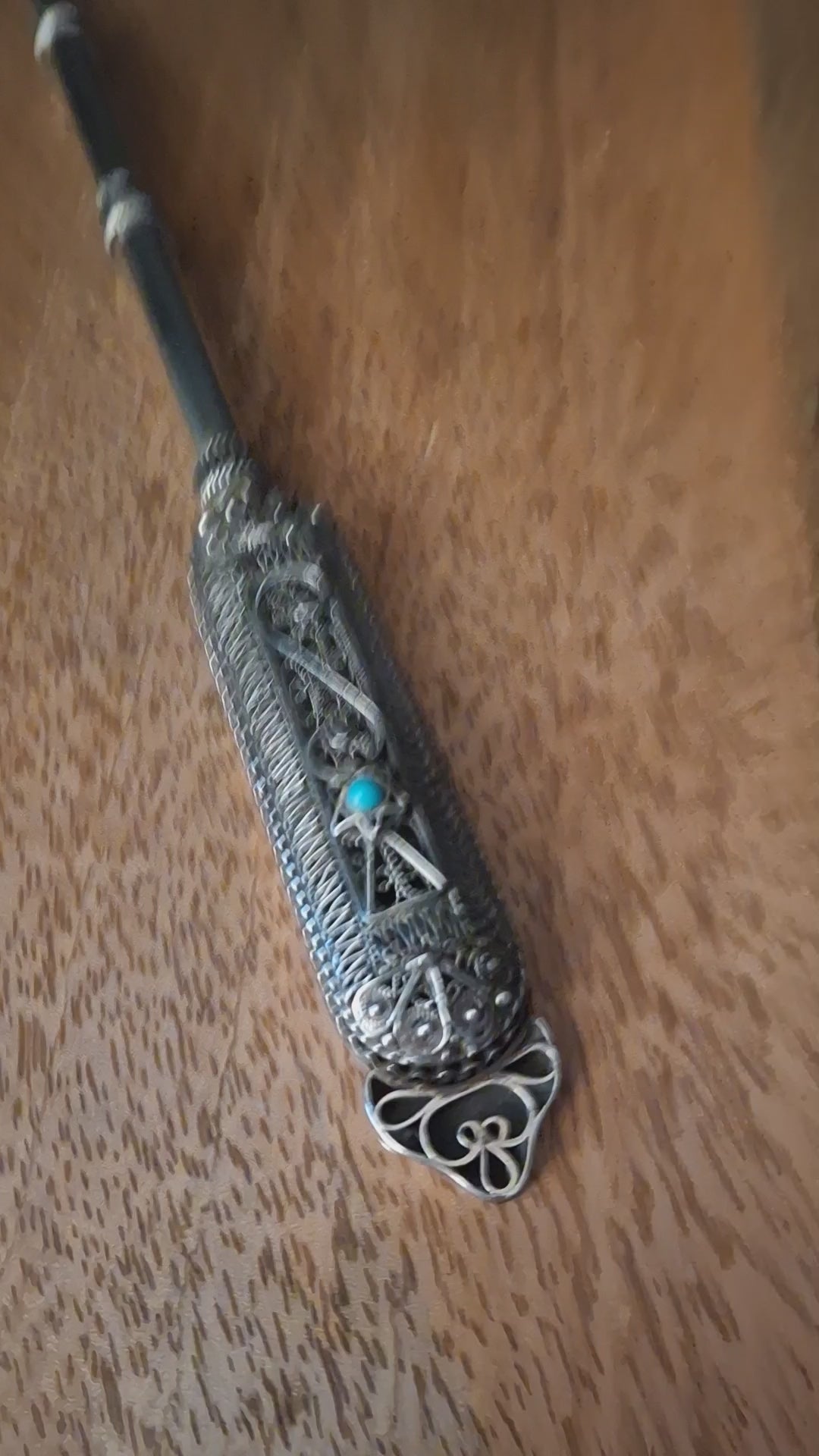 Authentic Antique Bezalel Jerusalem 935 Silver Filigree Turquoise Torah Pointer Yad