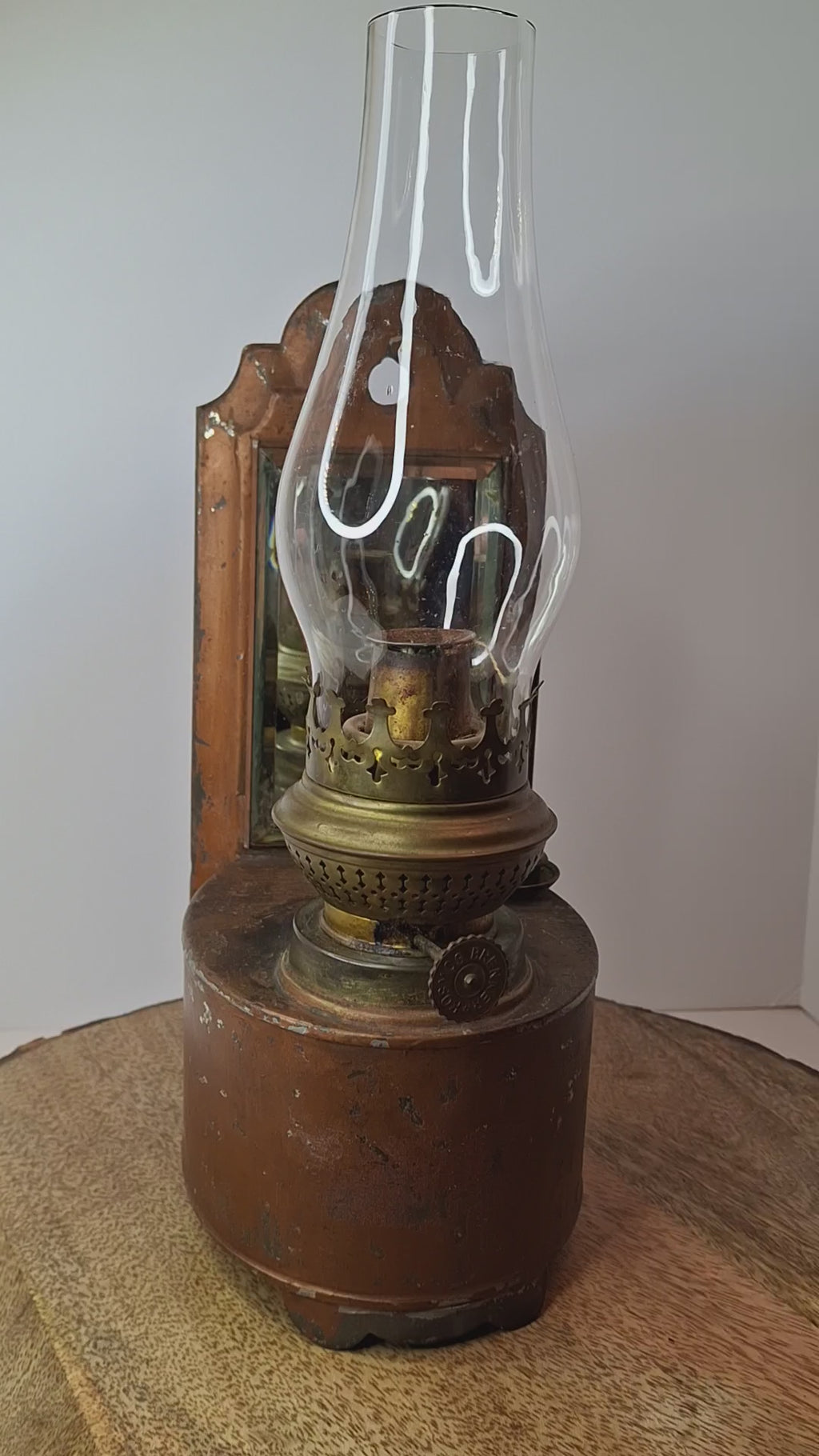 Antique Kosmos Brenner Wall Oil Lamp Mirror Reflector Beveled Glass Tin Coppered Finish 11"