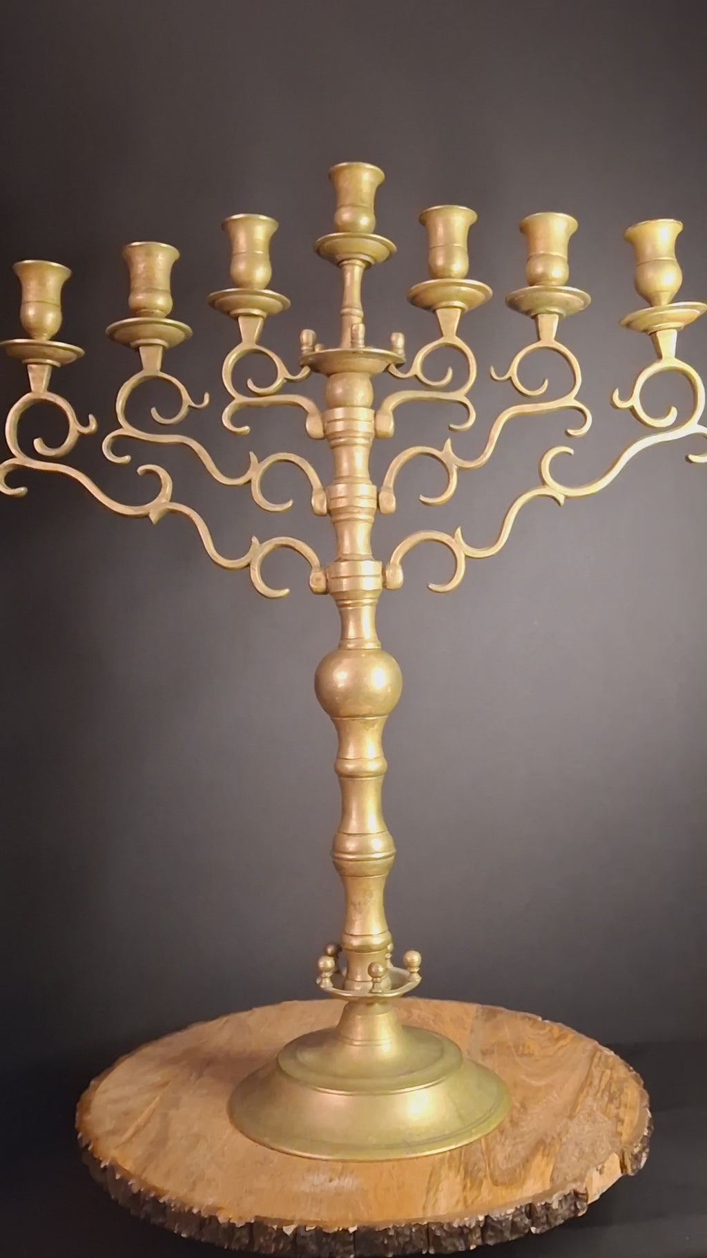 Rare 19th Century Antique Polish Brass 7 Branch Synagogue Menorah with Knops Large 22.7"