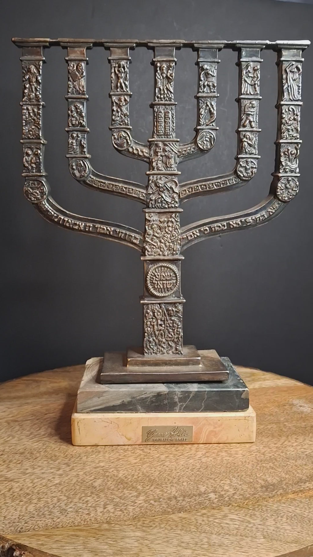 Yaacov Heller Sterling Silver Knesset Menorah Sculpture Tiered Marble Base 10"