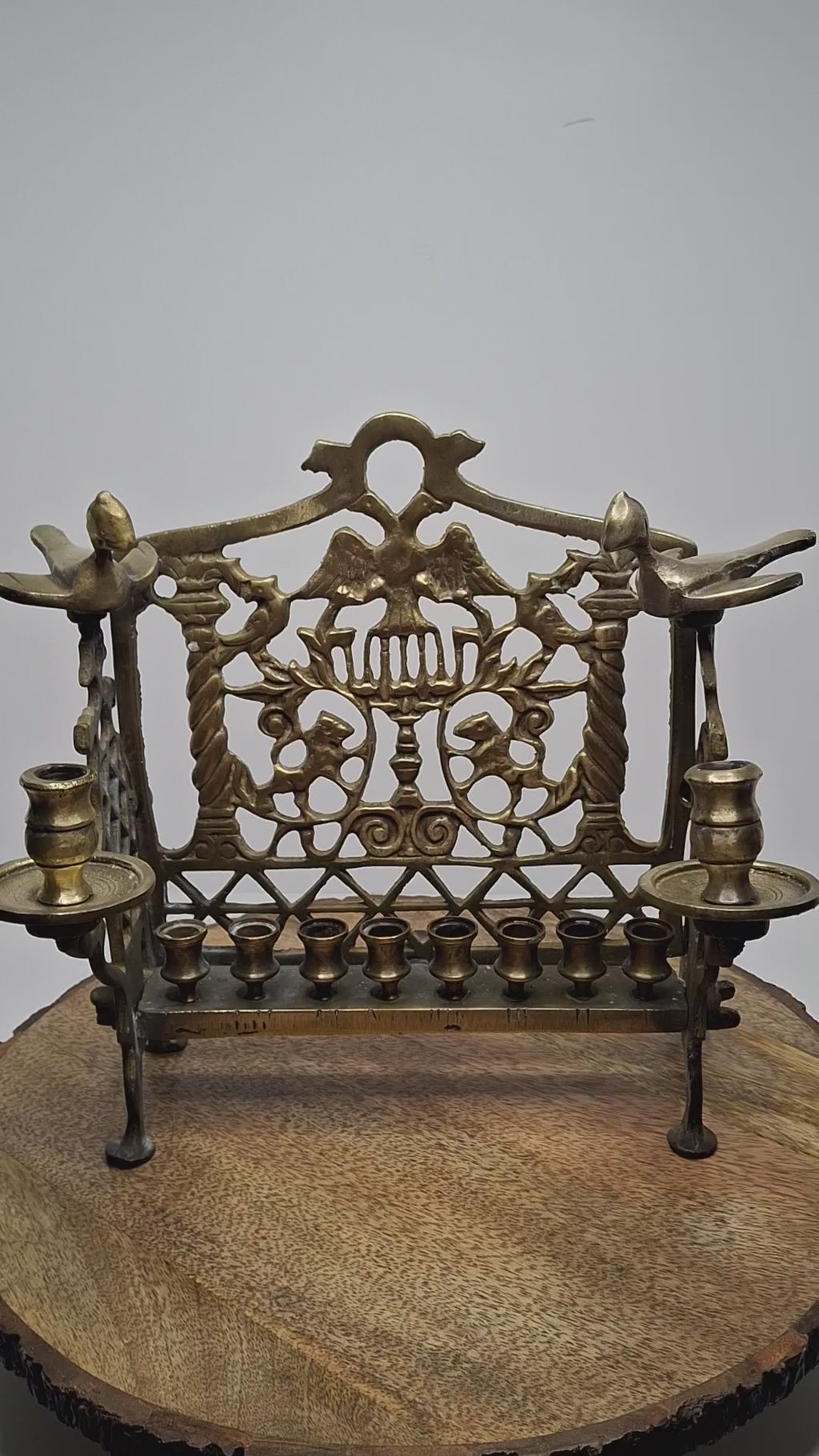 Antique Eastern European Brass Bench Chanukah Menorah with Double-Headed Eagle, Lions, Birds, Columns, and Shabbat Candlesticks